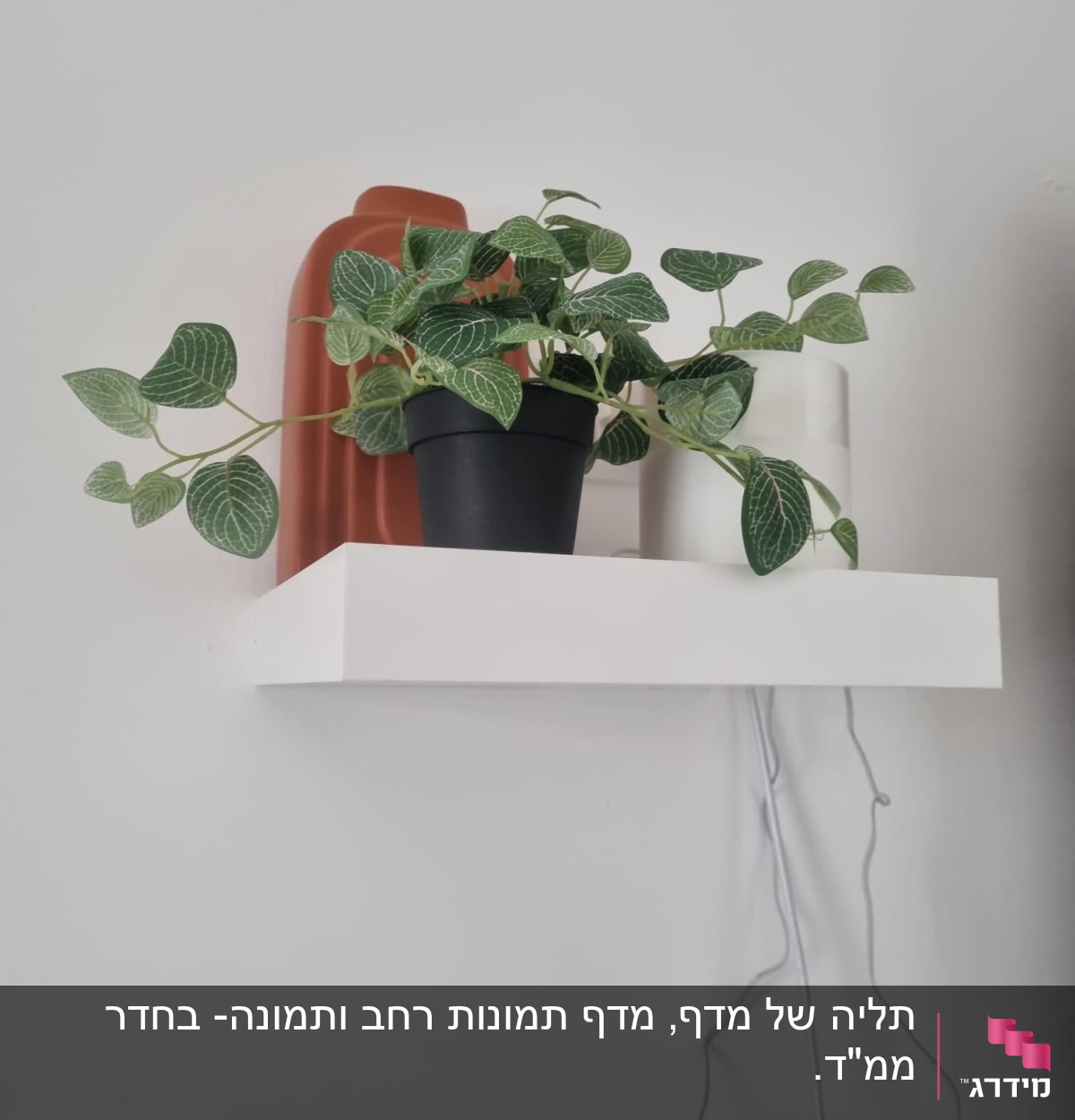 מדף לבן עם עציץ ירוק וחוטים חשמליים